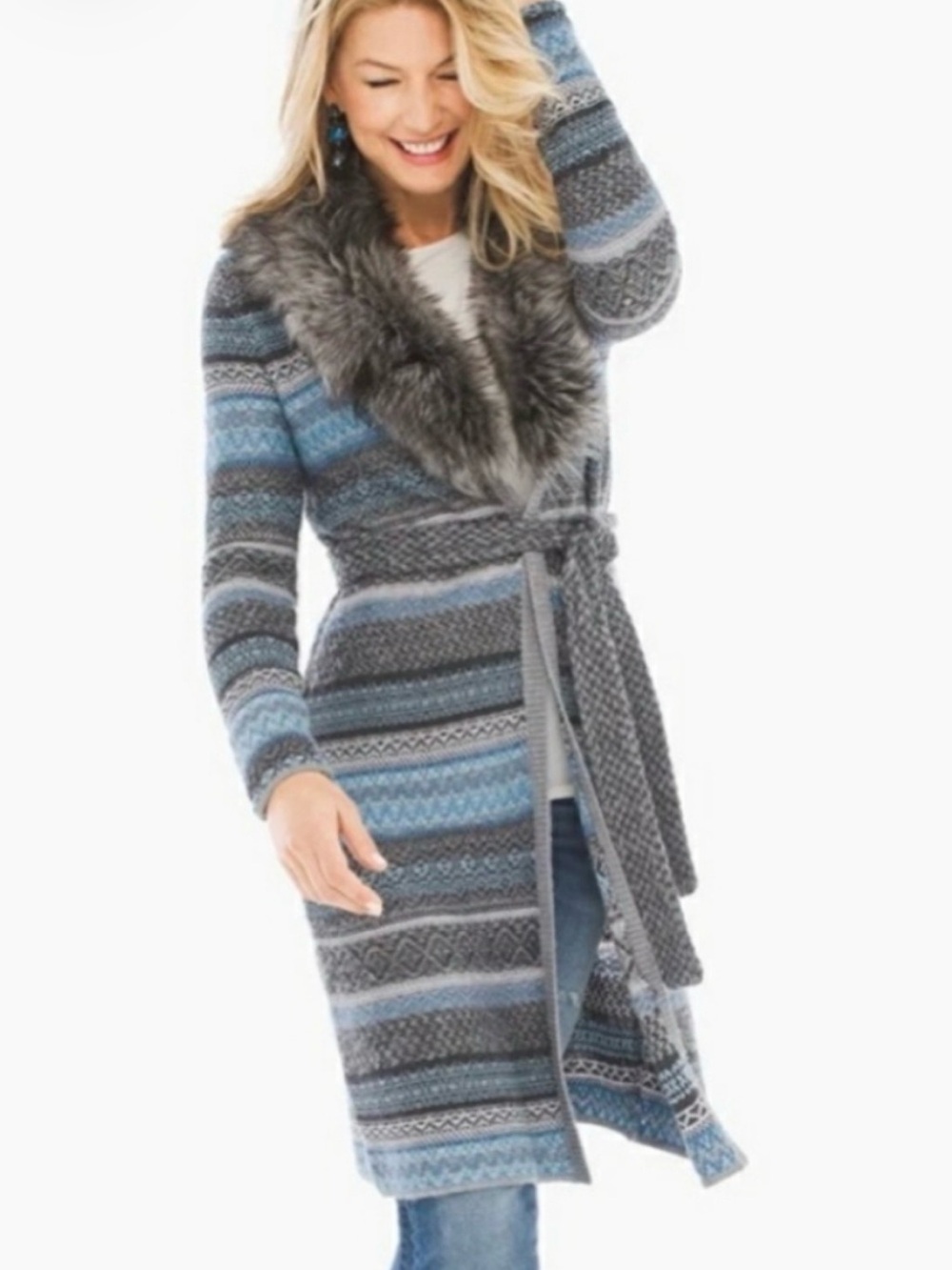 Chico's Blue & Gray Faux-Fur Collar Knit Wrap Cardigan. Size 2